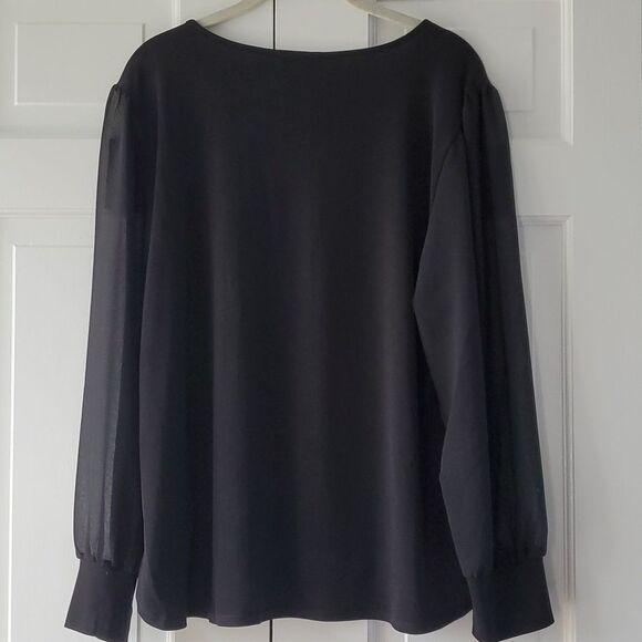 CALVIN KLEIN BLACK SHEER PUFF SLEEVE KNIT TOP SIZE LARGE MINIMALIST CAPSULE - Picture 8 of 10